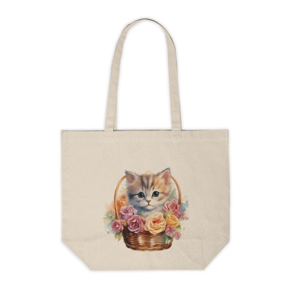 Floral Cat in a Basket Custom Canvas Tote Bag